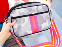 Grey Camoflauge with Lavender/Orange Stripe Neoprene Crossbody Bag 💜🧡