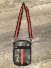 GREEN CAMO WITH RED STRIPE MULTI ZIPPER NEOPRENE PHONE HOLDER W/1.25" STRIPE STRAP