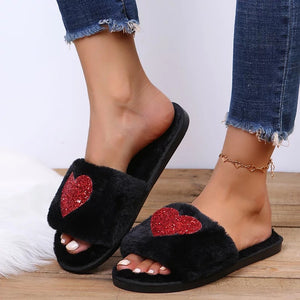 ❤️ Red Glitter Hearts Plush Open Toe Slippers - Black, Pink, White