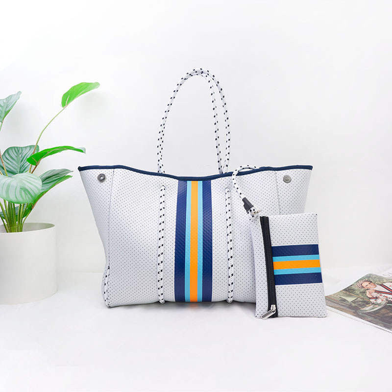 White Neoprene Tote with Blue Orange Stripe