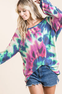 TIE DYE PRINT TERRY TOP WITH PUFF SLEEVES - FUCHSIA/CHARCOAL or FUCHSIA/DENIM