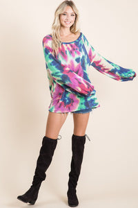 TIE DYE PRINT TERRY TOP WITH PUFF SLEEVES - FUCHSIA/CHARCOAL or FUCHSIA/DENIM