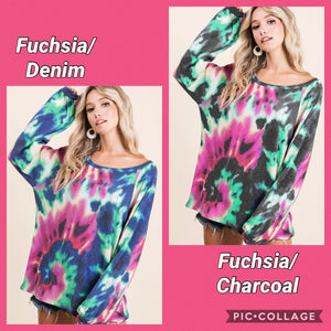 TIE DYE PRINT TERRY TOP WITH PUFF SLEEVES - FUCHSIA/CHARCOAL or FUCHSIA/DENIM