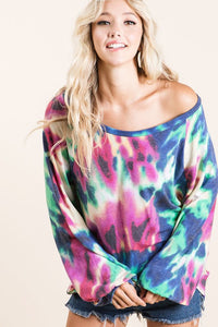 TIE DYE PRINT TERRY TOP WITH PUFF SLEEVES - FUCHSIA/CHARCOAL or FUCHSIA/DENIM