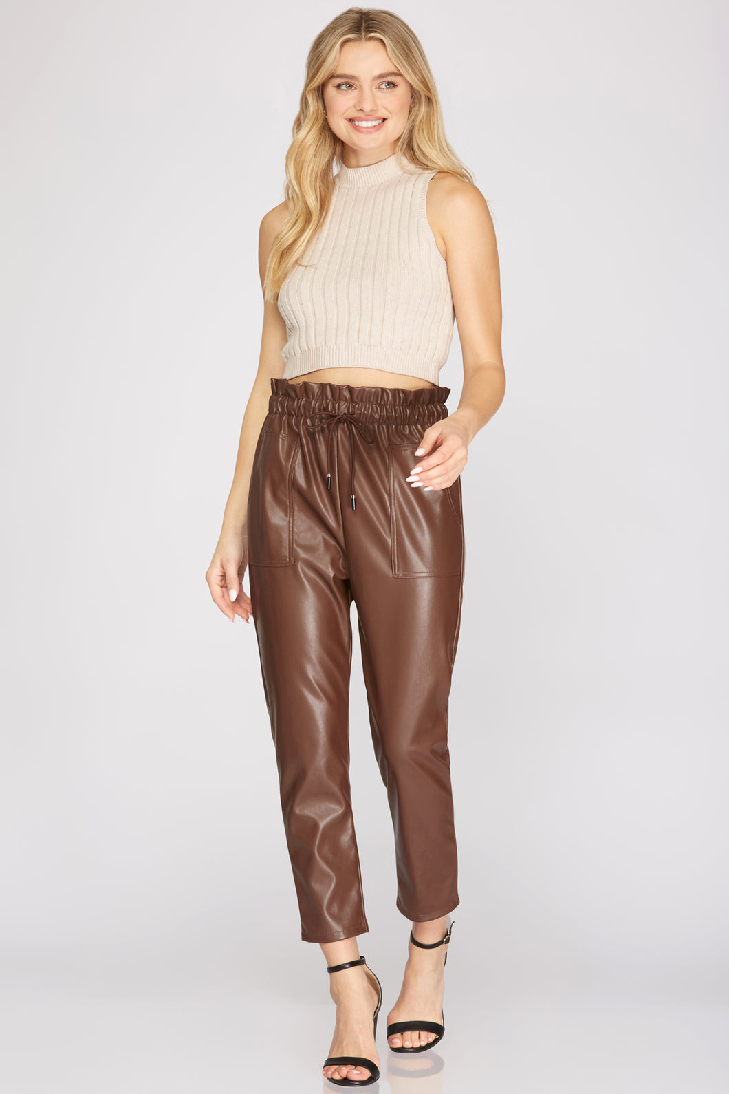 FAUX LEATHER CARGO PANTS WITH POCKETS - BLACK OR BROWN