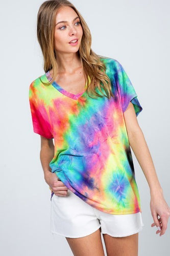 Tie-dye V-neck short sleeve casual top - Rainbow 🌈 Multi