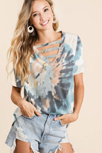 TIE DYE PRINT KNIT  V-NECK TOP WITH STRAPPED FRONT NECK DETAIL - OLIVE or TEAL MULTI