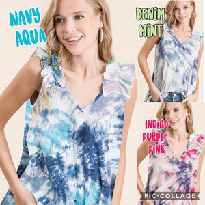 TIE DYE THERMAL WAFFLE V NECK TOP WITH RUFFLE APPLIQUE AT SHOULDER - ASSORTED COLORS