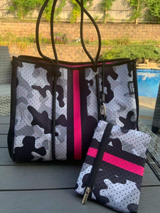 Grey Camo Pink Stripe Neoprene Tote Black Strap 💖