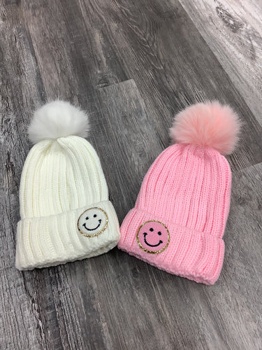 Solid Ribbed Smiley Face Hat w/ Removable PomPom