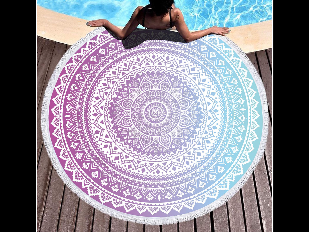 Mandela round beach blanket/towel microfiber yoga mat with tassels multi/purpose Beach blanket with tassel  - Blue/Purple