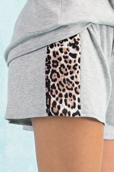 LEOPARD SIDE PANEL KNIT SHORTS WITH STRAP DETAIL - HEATHER GREY