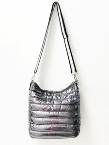 Puffer Crossbody with Striped Strap - Black, Silver or Gunmetal