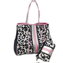 Leopard Neoprene Tote with Silver/Pink Stripe