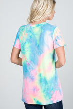 SHORT SLEEVE V NECK MULTICOLOR NEON TIE DYE PRINT TOP  - NEON PINK/MULTI-CUT