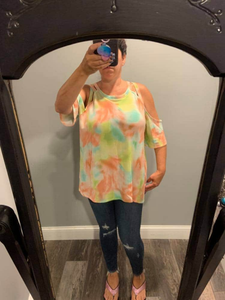 PLUS ROUND NECK TIE DYE FRENCH TERRY TOP WITH CRISS CROSS DETAILED COLD SHOULDER SLEEVES - CORAL/LIME