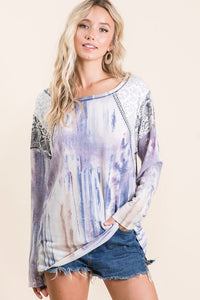 TIE DYE KNIT TOP WITH PRINT BLOCK SHOULDER AND JACQUARD TAPE - LAVENDER/BLUE