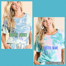 TIE DYE TEXTURED KNIT TOP WITH GATHERED SHORT SLEEVES - PASTEL BLUE or PASTEL GREEN.