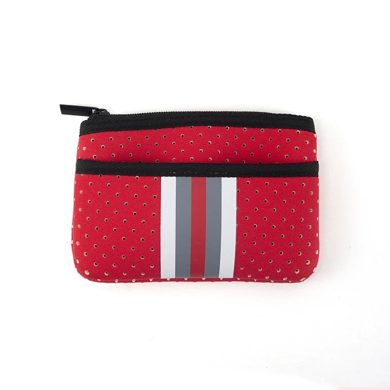 Red with Grey Stripe Mini Neoprene Card, Wallet, Bag Key Purse with Zipper Closure