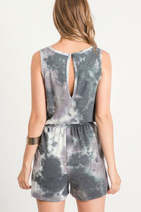 RAYON FRENCH TERRY TIE-DYE ROMPER WITH A V NECKLINE, OPEN BACK, SLEEVELESS, ELASTICIZED WAIST WITH DRAWSTRINGS, AND SLANTED POCKETS - CHARCOAL or OLIVE