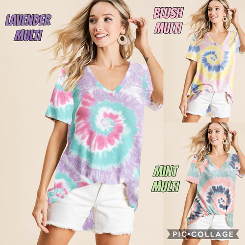 TIE DYE PRINT TERRY V NECK TOP - ASSORTED COLORS