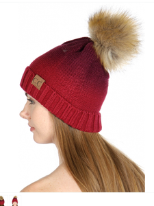 C.C Foldover Ombre Knit Beanie Hat with Faux Fur Pom Pom - Burgundy