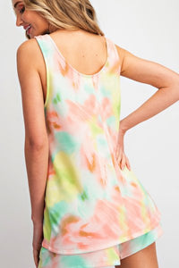 TIE DYE FRENCH TERRY DRAPED CHEST POCKET TANK TOP - Lime/Peach 💚🧡 or Blue /Pink 💙💗