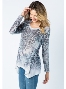 VOCAL LONG SLEEVE SHARKBITE TOP WITH PRINT AND STONES - GREY