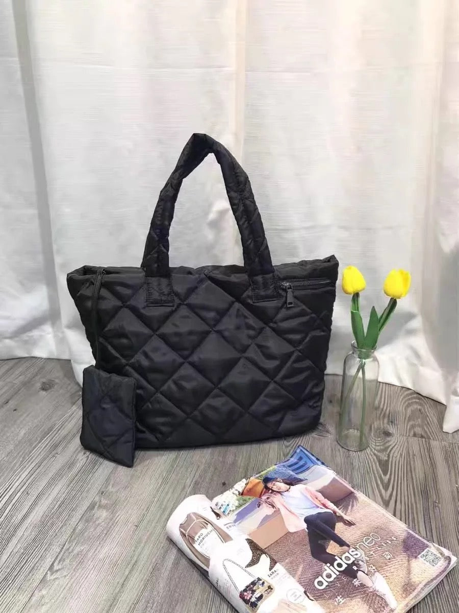 Black Puffer Tote. Three bags as a set with 2 bag straps!