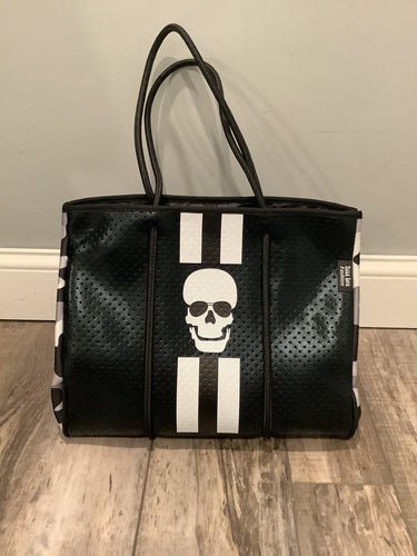 Black Metallic Skull Neoprene Tote with Grey Camo Side Panels 💀