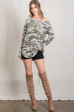 CAMOUFLAGE PRINT ROUND NECKLINE LONG SLEEVE TOP WITH CUTOUT SHOULDER DETAIL- ARMY GREY or ARMY OLIVE