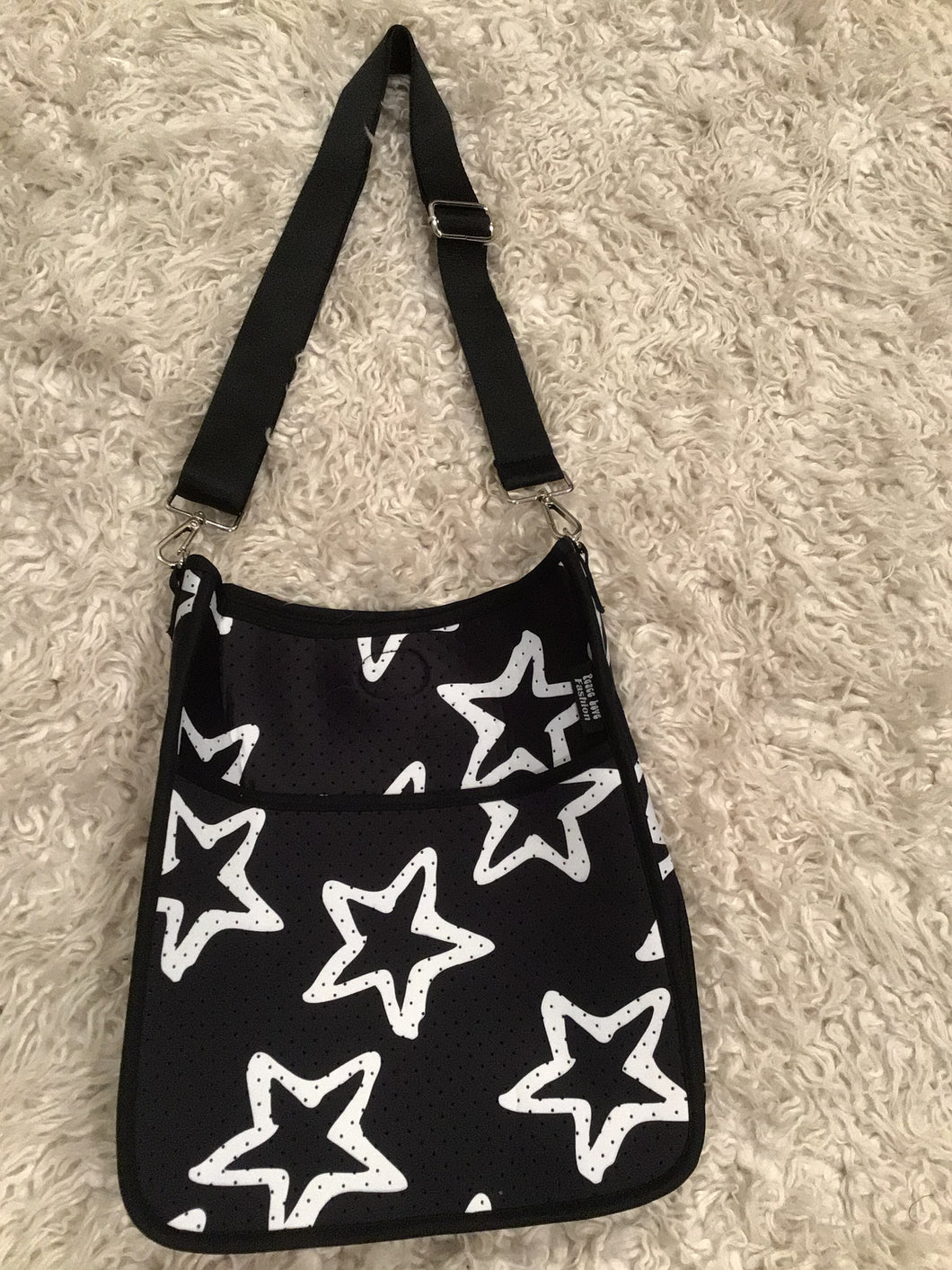 Black Large Star Neoprene Messenger Bag with Solid Black Strap