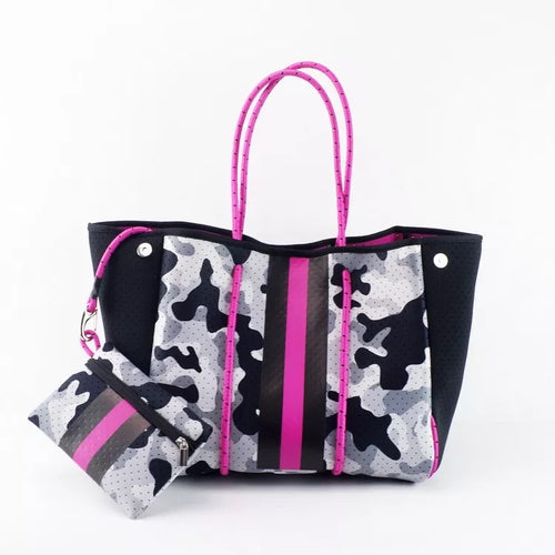 Grey Camo Pink Stripe Neoprene Tote with Pink Strap