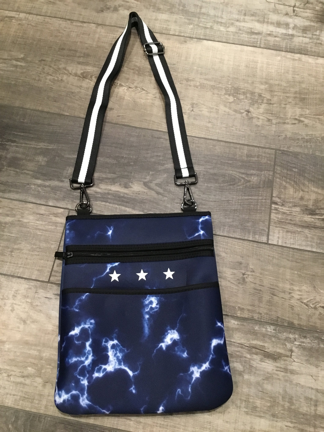 Blue and white tie-dye neoprene crossbody with white stars