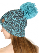 C.C Chunky knit Beanie Hat with pom pom - Turquoise/Grey or Blk/Grey