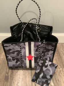 Grey Camo Star with Black & White Stripe Neoprene Tote