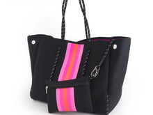 Black with Pink & Orange Stripe Neoprene Tote 🧡💗🖤