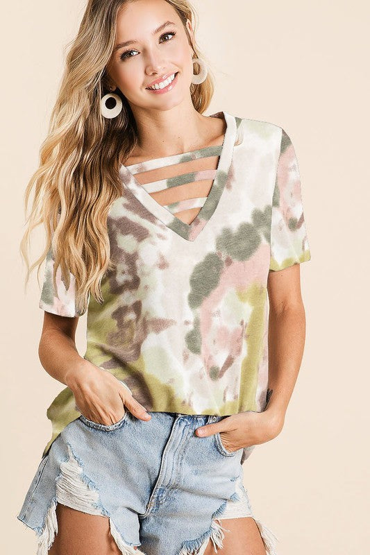 TIE DYE PRINT KNIT  V-NECK TOP WITH STRAPPED FRONT NECK DETAIL - OLIVE or TEAL MULTI