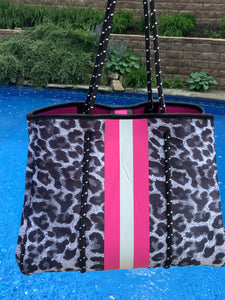 Grey/Black Leopard Neoprene Tote with Pink Stripe