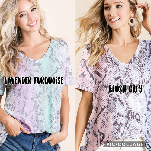 TIE DYE HAIRY DEEP U NECK SOFT KNIT TOP - BLUSH/GREY MULTI or LAVENDER/TURQUOISE MULTI