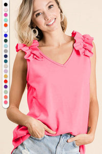 CREPE KNIT V NECK TOP WITH RUFFLE APPLIQUE - NEON PINK.