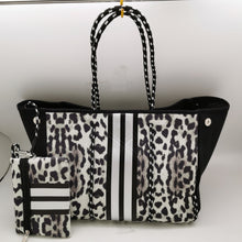 Grey/Black Leopard Neoprene Tote with Silver Stripe