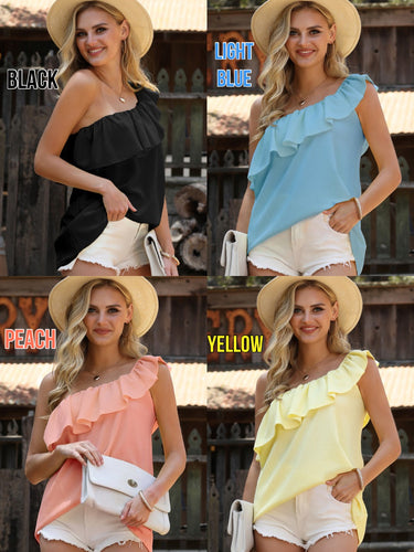 ONE SIDE SHOULDER BLOUSE WITH RUFFLE DETAILS - ASSORTED COLORS