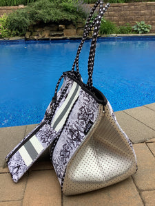 Snakeskin Neoprene Tote With Grey Stripe & Silver Side Panels