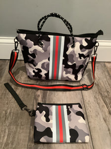 Camo with Red/Black Stripe Neoprene Tote