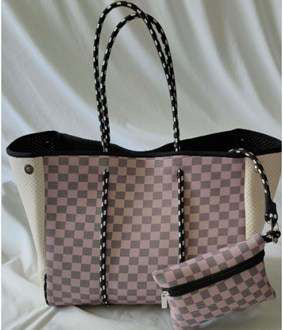 Checkerboard Print Neoprene Tote Black Handle