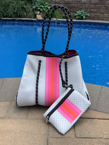 White with Pink & Orange Stripe Neoprene Tote 🧡💗🧡