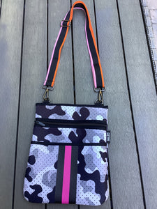 Grey/Black Camo Neoprene Crossbody with Pink Stripe