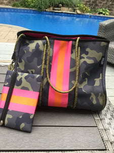 Green Camo with Neon Orange/Pink Stripe Neoprene Tote bag 🧡💗