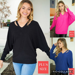 Plus long sleeve solid knit top with a v-neck featuring a cut out detail and a dolman sleeve - Black, Fuchsia or Royal Blue